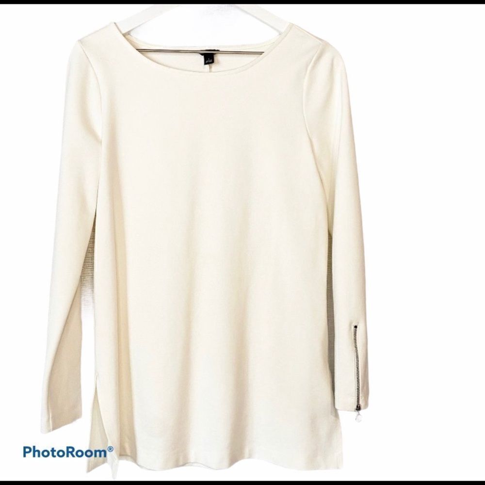 Ann Taylor Tunic Top size Small Ivory Cream Stretch Knit Zipper Long Sleeve